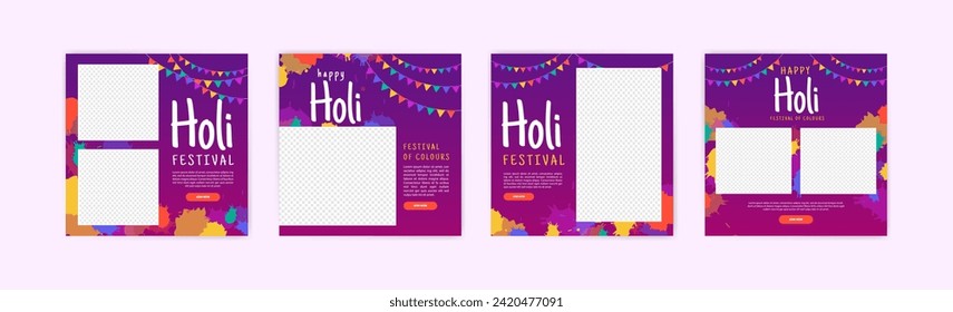 Happy Holi festival banner design. Social media post for Holi festival. Banner for Holi festival with powder ornaments and colorful paint splashes.