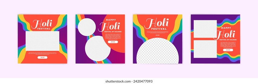 Happy Holi festival banner design. Social media post for Holi festival. Banner for Holi festival with powder ornaments and colorful paint splashes.