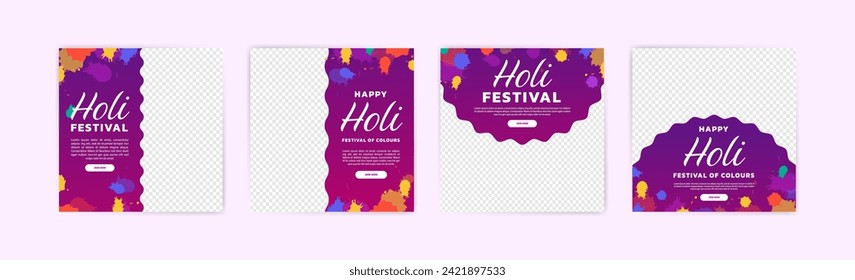 Happy Holi festival banner design. Social media post for Holi festival. Banner for Holi festival with powder ornaments and colorful paint splashes.