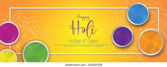 Happy holi festival banner template with holi powder color bowls on multicolor background. Vector illustration