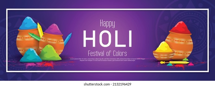 Happy holi festival banner template with holi powder color bowls on multicolor background. Vector illustration