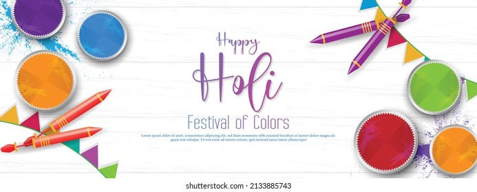 Happy holi festival banner template with holi powder color bowls on white wooden texture background. Vector illustration.