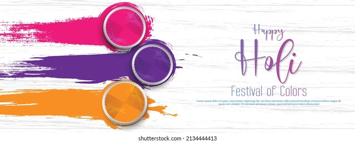 Happy holi festival banner template with holi powder color bowls on white wooden texture background. Vector illustration.