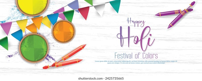 Happy holi festival banner template with holi powder color bowls on white wooden texture background. Vector illustration.