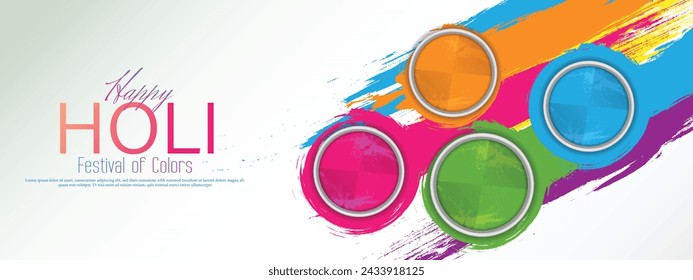 Plantilla de banner del festival de holi feliz con cuencos de color de polvo de holi sobre fondo de textura de madera blanca. Ilustración vectorial.