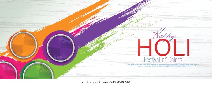 Happy holi festival banner template with holi powder color bowls on white wooden texture background. Vector illustration.
