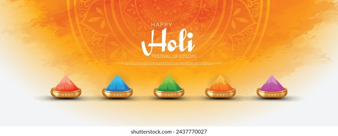 Happy holi festival banner template with holi powder color bowls on multicolor background. Vector illustration.