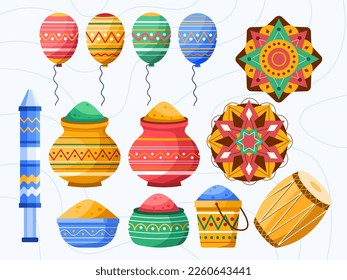 Happy Holi Festival with bucket with colorful powder, mandala, drum, balloon, splash.
Illustration of set of Holi element object.
Suitable for card, banner, poster, web, personal project, etc