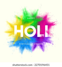 Happy holi festival card. Abstract explosions of colorful powders. Vector illustration for decoration of Holi event. Template of design for branding cover, card, poster or banner.