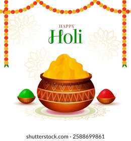 Happy Holi festival celebration greeting card background, decorative holi props, vector illustration