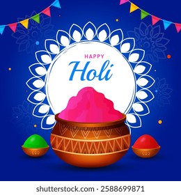 Happy Holi festival celebration greeting card background, decorative holi props, vector illustration