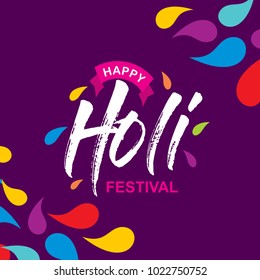 happy holi festival. holi color drops with creative typography on purple background