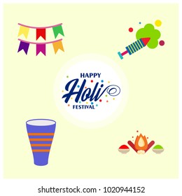happy holi festival. holi colored icons with creative typography