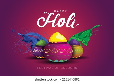 Happy holi festival. colorful pot and powder. vector illustration design.