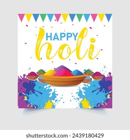 Happy holi festival, colorful pot,  powder, wish  vector illustration design.