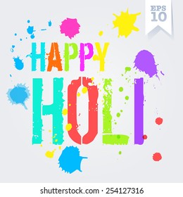 Happy Holi festival colorful vector postcard with splashes and splotches of various colors