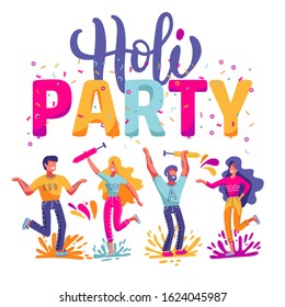 Happy Holi festival of colors background for holiday of India. Vector flat illustration with big lettering - Holi party. Bright people characters celebrating and having fun.