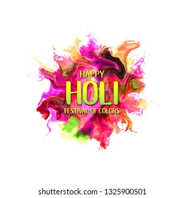 Happy HOLI Festival of colors banner with colorful Exploding powder effect, textured splashes, motion ink. Hindu, Dhulandi, Rangpanchami festive card. Launched dust, liquid, fluid. Vector illustration