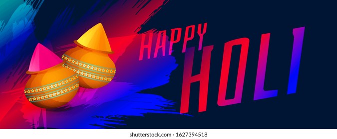 happy holi festival of colors banner with powder color pot