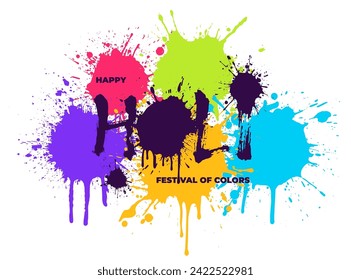 Happy Holi festival of colors banner. Brush ink calligraphy on colorful powder splashes. Indian celebration greeting card. India traditional holiday logo. Hindu national color festive flyer eps design