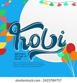 Happy Holi Festival Of Colors banner in colorful modern geometric style. Holi Festival greeting card cover with typography. Vector illustration background