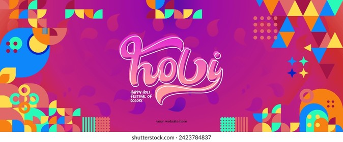 Happy Holi Festival Of Colors banner in colorful modern geometric style. Holi Festival greeting card cover with typography. Vector illustration background