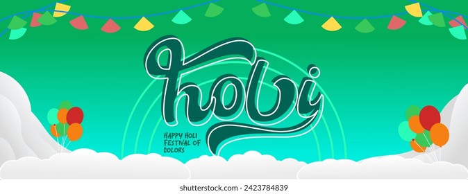 Happy Holi Festival Of Colors banner in colorful modern geometric style. Holi Festival greeting card cover with typography. Vector illustration background