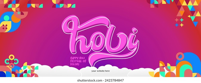 Happy Holi Festival Of Colors banner in colorful modern geometric style. Holi Festival greeting card cover with typography. Vector illustration background