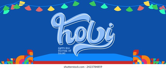 Happy Holi Festival Of Colors banner in colorful modern geometric style. Holi Festival greeting card cover with typography. Vector illustration background