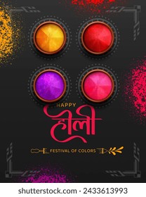 happy holi festival of colors greetings indian religious holi festival banner design illustration with colorful gulal powder in pots on black background top view 