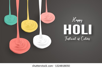 Happy Holi, Festival of Colors. Template element design for template, banner, poster, greeting card. Vector illustration in paper cut, craft, origami type with flat lay style.