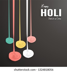 Happy Holi, Festival of Colors. Template element design for template, banner, poster, greeting card. Vector illustration in paper cut, craft, origami type with flat lay style.