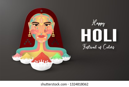 Happy Holi, Festival of Colors. Template element design for template, banner, poster, greeting card. Vector illustration in paper cut, craft, origami type with flat lay style.
