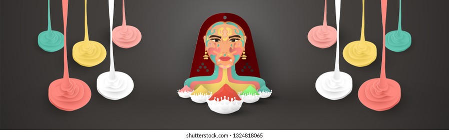 Happy Holi, Festival of Colors. Template element design for template, banner, poster, greeting card. Vector illustration in paper cut, craft, origami type with flat lay style.
