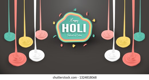 Happy Holi, Festival of Colors. Template element design for template, banner, poster, greeting card. Vector illustration in paper cut, craft, origami type with flat lay style.