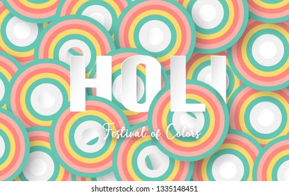 Happy Holi, Festival of Colors. Template element design for template, banner, poster, greeting card. Vector illustration in paper cut, craft, origami type with flat lay style.