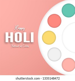 Happy Holi, Festival of Colors. Template element design for template, banner, poster, greeting card. Vector illustration in paper cut, craft, origami type with flat lay style.