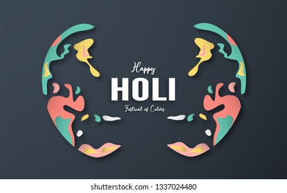 Happy Holi, Festival of Colors. Template element design for template, banner, poster, greeting card. Vector illustration in paper cut, craft, origami type with flat lay style.