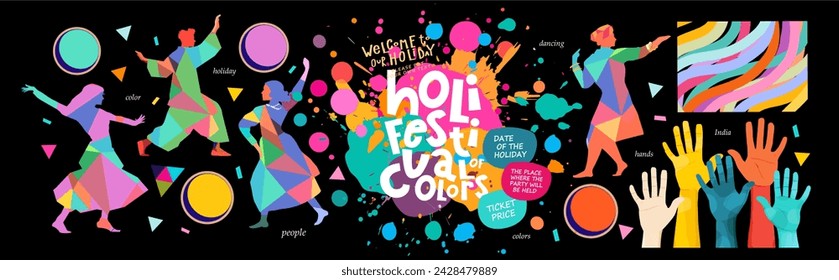 Happy Holi. Festival of Colors. Vector illustrations of bright colorful paint cans, splashes, hands, dancing Indian people, pattern for poster, greeting card, flyer, invitation or background