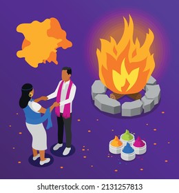 Happy holi festival of colors violet background with dancing indian couple bonfire and colorful powder set isometric vector illustration