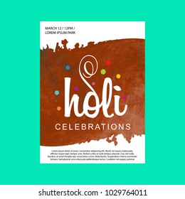 Happy Holi Festival. The Festival of Colors. White brochure having colorful watercolor, typography and sample text