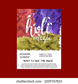 Happy Holi Festival. The Festival of Colors. White brochure having colorful watercolor, typography and sample text