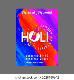 Happy Holi Festival. The Festival of Colors. White brochure having colorful watercolor, typography and sample text