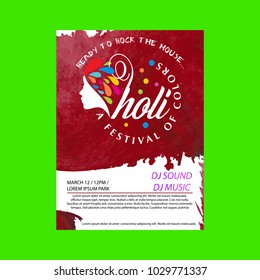 Happy Holi Festival. The Festival of Colors. White brochure having colorful watercolor, typography and sample text
