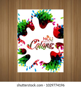 Happy Holi Festival. The Festival of Colors. White brochure having colorful watercolor, typography and sample text