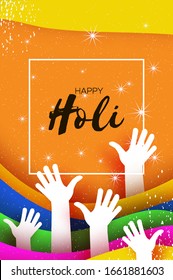 Happy Holi Festival of Colors. White People hands. Colorful paint. Space for text. Square frame.