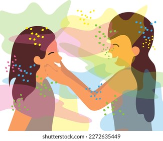 Happy Holi Festival Of Colours, Illustration Of Colourful Gulal For Holi, In Hindi Holi Hain Meaning Its HoliHoli festival. Vector illustration of kids Enjoying Holi. Indian festival, poster, banner.