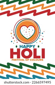 Happy Holi. Festival of Colours. Phagwah. Annual Hindu Spring Festival. Celebrated in India and Nepal and other Asia. Beautiful poster design with heart. Vector illustration