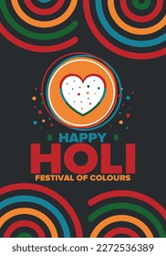 Happy Holi. Festival of Colours. Phagwah. Annual Hindu Spring Festival. Celebrated in India and Nepal and other Asia. Beautiful poster design with heart. Vector illustration