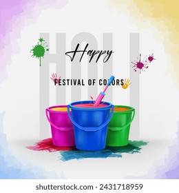 happy holi festival creative social media post illustration with holi liquid color bucket and color splash
